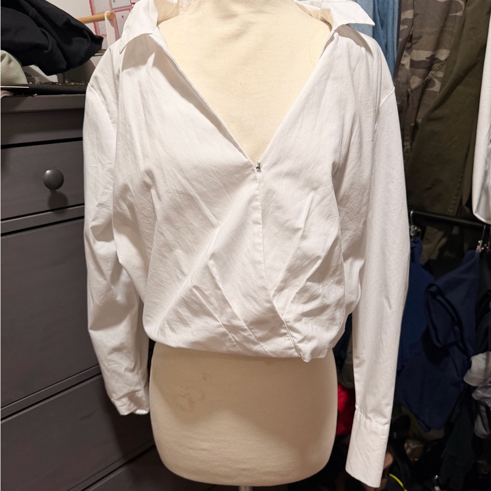 Abercrombie & Fitch White Wrap-Front Collared Blouse